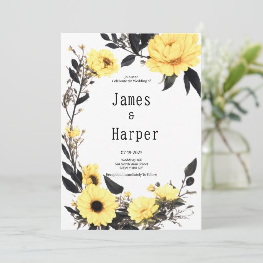 Invitation Mariage floral gris foncé (Debout devant)