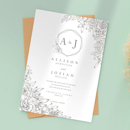 Invitation Mariage floral gris minimaliste