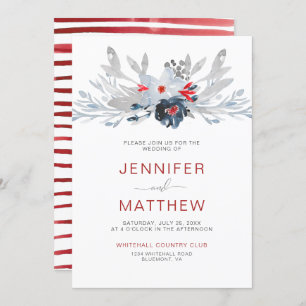 Invitation Mariage floral gris-rouge de la marine moderne  