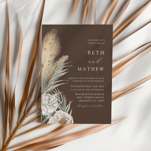 Invitation Mariage Floral & Herbe de Pampas Marron Rustique