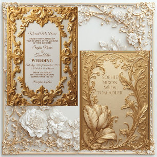 Invitation Mariage Floral Héritage Français Orné Or