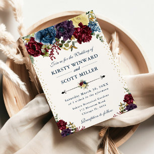 Invitation Mariage floral hivernal Bourgogne, marine et or