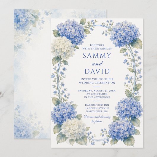 Invitation Mariage Floral Hydrangea Bleu (Devant / Derrière)