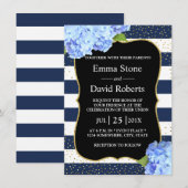 Invitation Mariage floral hydrangea bleu rayé marine (Devant / Derrière)