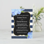 Invitation Mariage floral hydrangea bleu rayé marine (Debout devant)