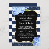 Invitation Mariage Floral Hydrangea Bleu Rayure Marine (Devant / Derrière)