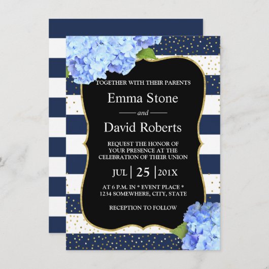 Invitation Mariage Floral Hydrangea Bleu Rayure Marine (Devant / Derrière)