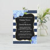 Invitation Mariage Floral Hydrangea Bleu Rayure Marine (Debout devant)
