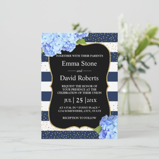Invitation Mariage Floral Hydrangea Bleu Rayure Marine (Debout devant)