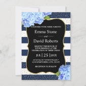 Invitation Mariage Floral Hydrangea Bleu Rayure Marine (Devant)