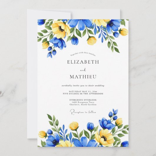 Invitation Mariage Floral Impressionniste Bleu Jaune (Devant)