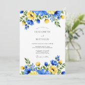 Invitation Mariage Floral Impressionniste Bleu Jaune (Debout devant)