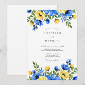 Invitation Mariage Floral Impressionniste Bleu Jaune (Devant / Derrière)