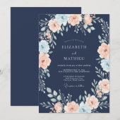 Invitation Mariage Floral Impressionniste Bleu Marine (Devant / Derrière)