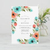 Invitation Mariage Floral Impressionniste Corail Sarcelle (Debout devant)