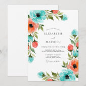 Invitation Mariage Floral Impressionniste Corail Sarcelle (Devant / Derrière)
