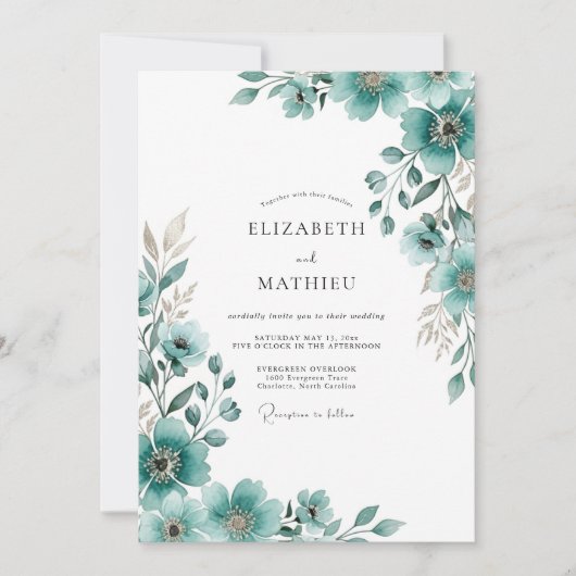 Invitation Mariage Floral Impressionniste Sarcelle (Devant)