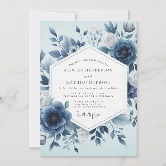 Invitation Mariage Floral Indigo Éthéré (Devant)