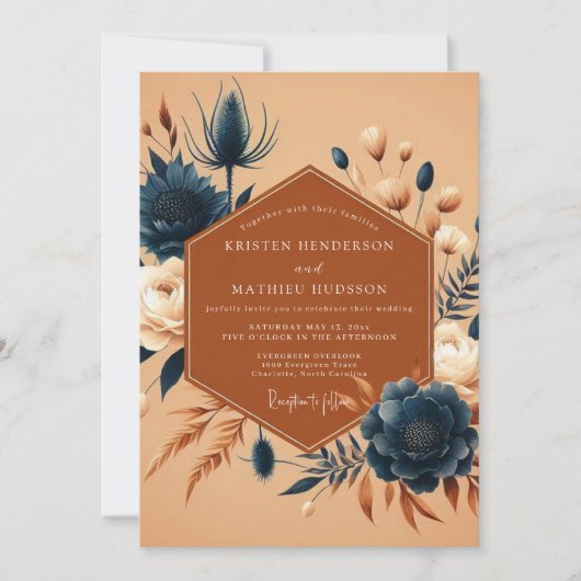 Invitation Mariage Floral Indigo Orange Brûlé (Devant)