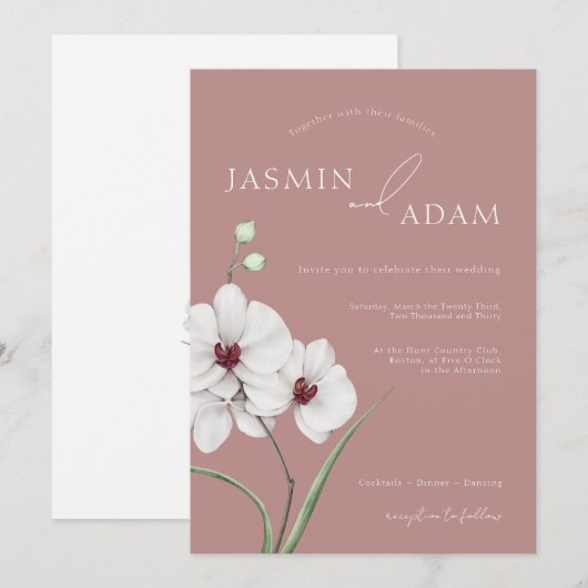 Invitation Mariage Floral Initiales Orchidée Blanche Rose Pou (Devant / Derrière)