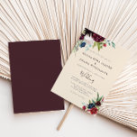 Invitation Mariage floral Invitati de la marine bourguignonne<br><div class="desc">Ce faire-part de mariage moderne bordeaux bleu marine floral est parfait pour un mariage de destination. Le design se compose de fleurs rouges,  bordeaux,  navales,  violettes,  bleues et rousses,  de fleurs et de feuilles verts peints à la main.</div>