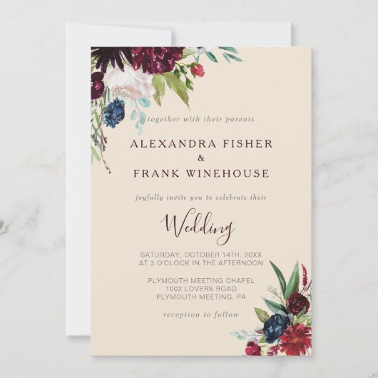 Invitation Mariage floral Invitati de la marine bourguignonne (Devant)