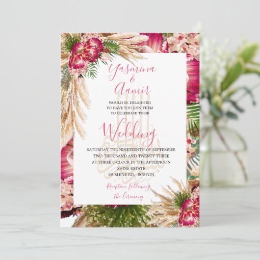 Invitation Mariage floral islamique Bismillah Pampas Protea (Debout devant)
