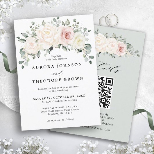 Invitation Mariage floral Ivory Blush Champagne QR