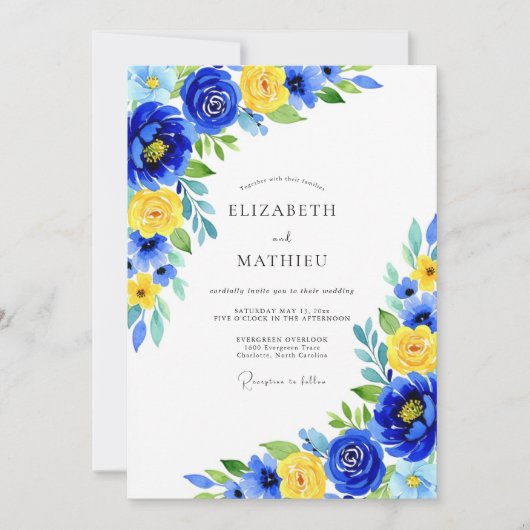 Invitation Mariage Floral Jaune Bleu (Devant)