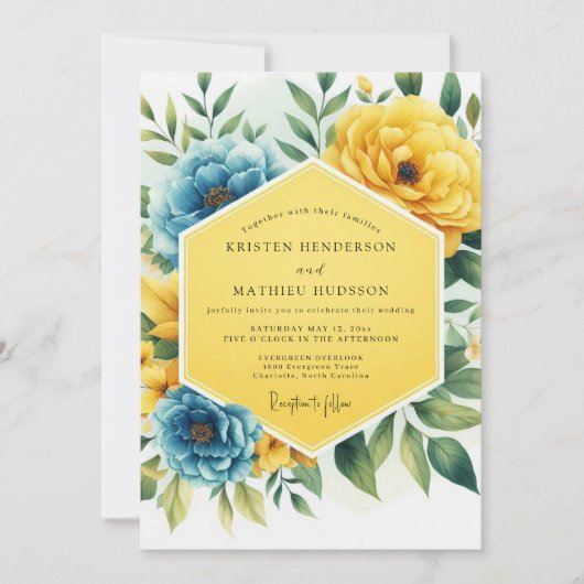 Invitation Mariage Floral Jaune Bleu Caprice (Devant)
