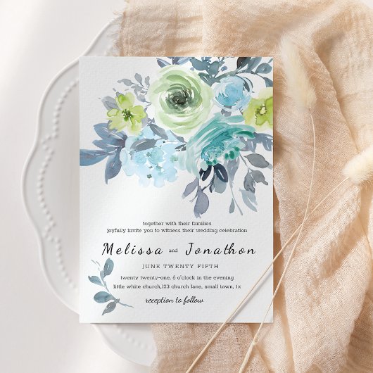 Invitation Mariage Floral Jaune Bleu Clair Vert