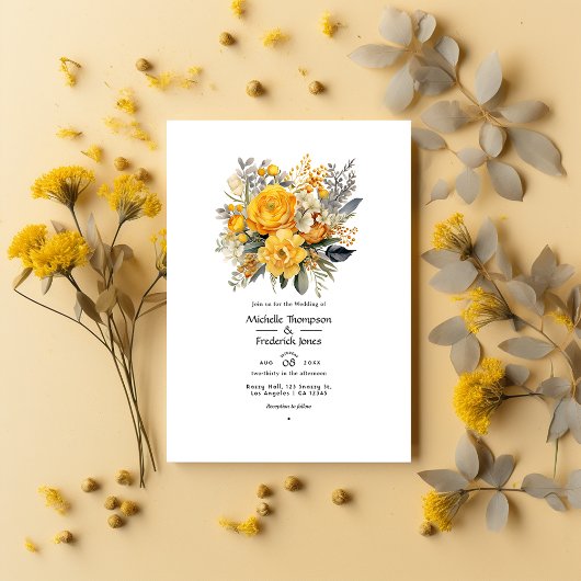 Invitation Mariage floral jaune moutarde et gris clair