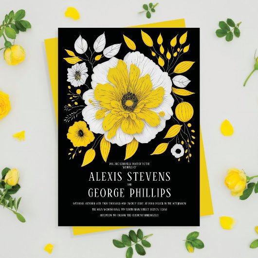 Invitation Mariage Floral jaune noir moderne