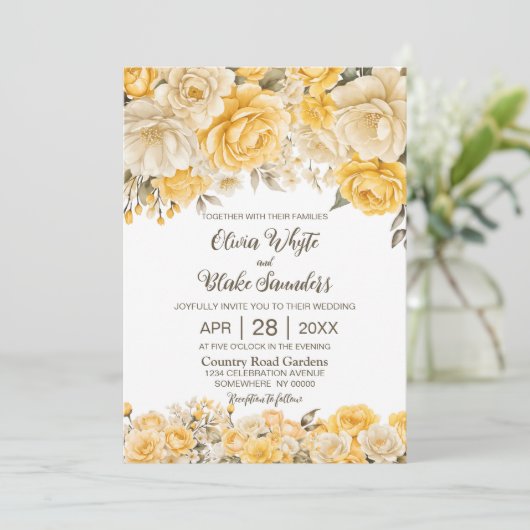 Invitation Mariage floral jaune rustique (Debout devant)