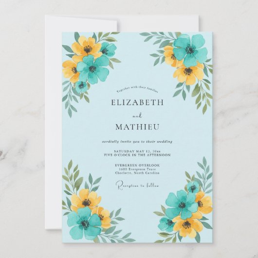 Invitation Mariage Floral Jaune Sarcelle (Devant)