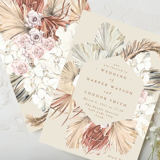 Invitation Mariage Floral Jungle Pampas Séché Crème