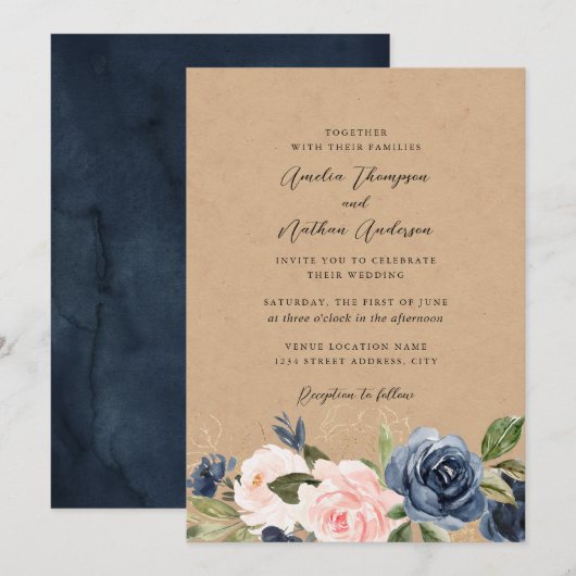 Invitation Mariage Floral Kraft Rustique Navy Blush (Devant / Derrière)