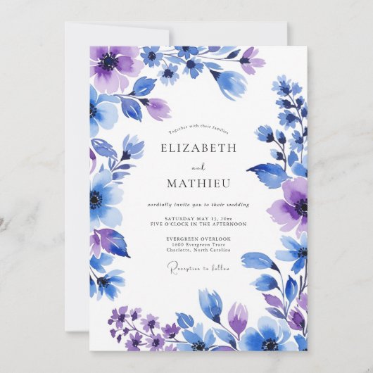 Invitation Mariage Floral Lavande Bleu Painterly (Devant)