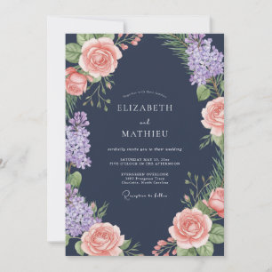 Invitation Mariage Floral Lavande Pêche Navy