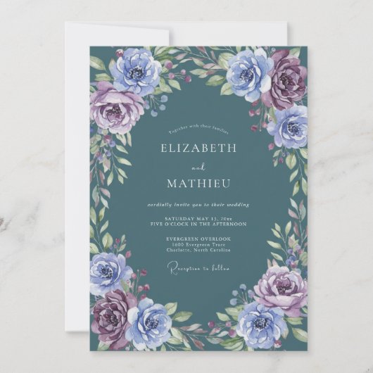 Invitation Mariage Floral Lavande Sarcelle Profond (Devant)