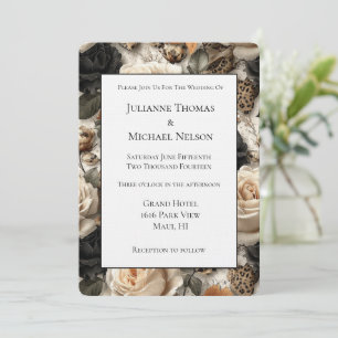 Invitation Mariage floral léopard noir crème orange
