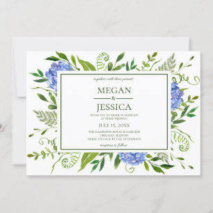 Invitation Mariage floral LGBTQ aux hortensias bleus