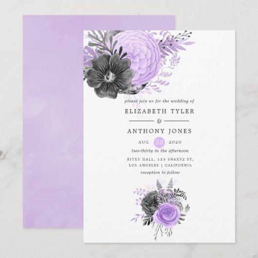 Invitation Mariage floral Lilac et Charcoal (Devant / Derrière)