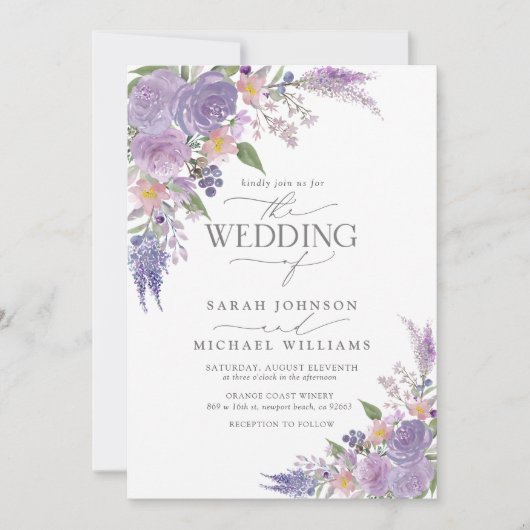 Invitation Mariage floral Lilac moderne Lavender Mauve Script (Devant)