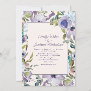 Invitation Mariage Floral Lilas Élégant Bleu Poussiéreux