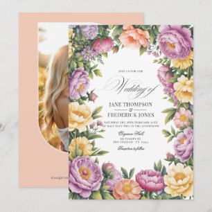 Invitation Mariage Floral Lilas, Jaune Beurre et Corail Pâle