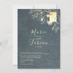 Invitation Mariage Floral Luxe Bleu Nuit Or