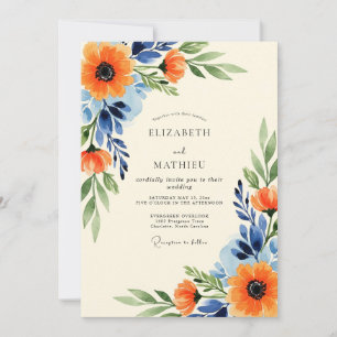 Invitation Mariage Floral Luxueux Orange Bleu Marine