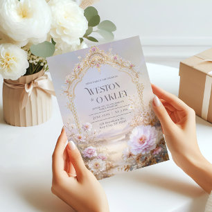 Invitation Mariage Floral Luxueux Orné d'Arche Dorée aux Pivo