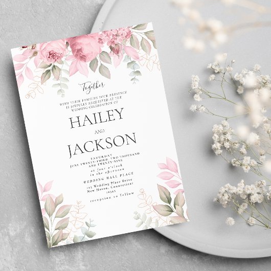 Invitation Mariage floral magnolia rose pastel et blanc